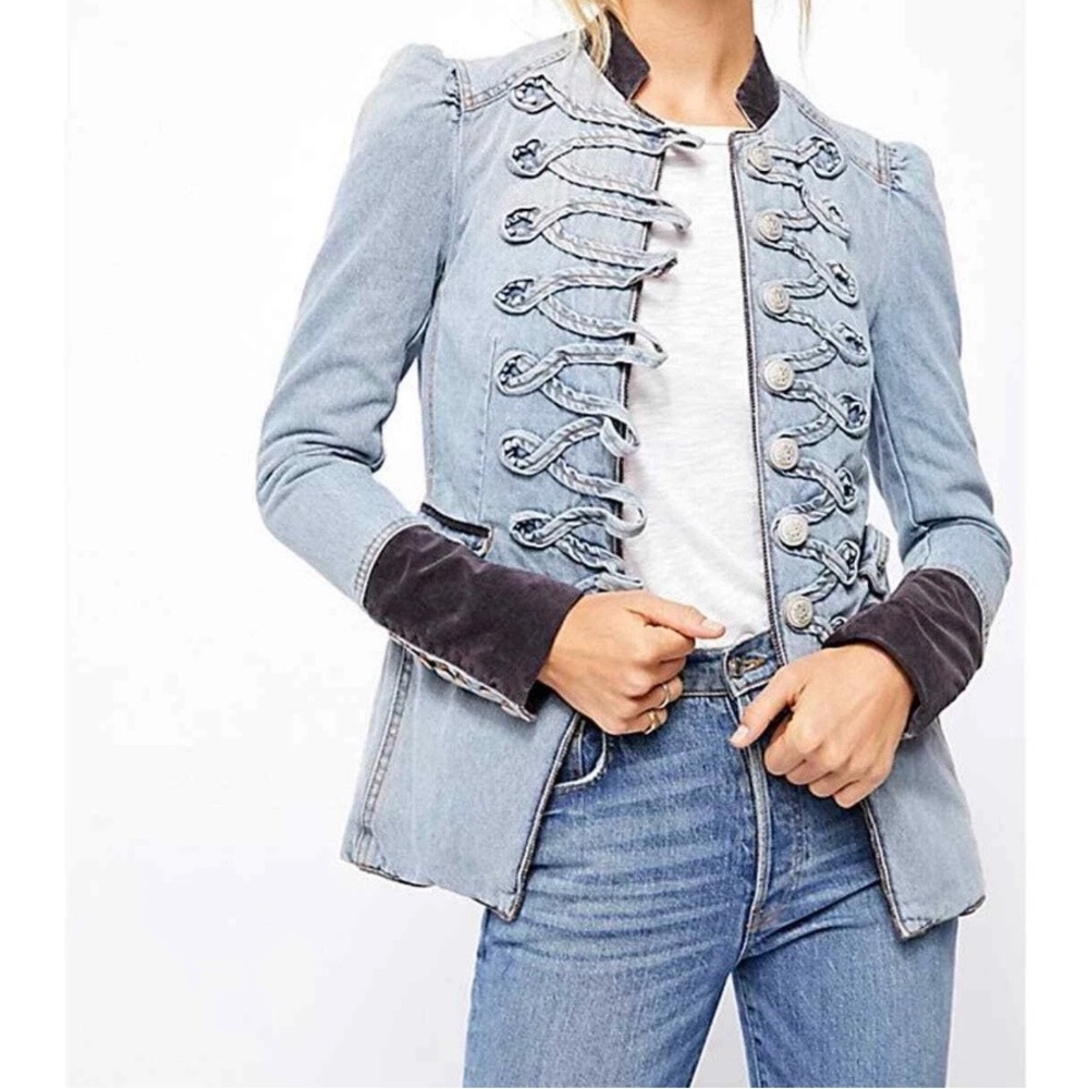 Free People Light Blue Denim Jacket with Black Trim